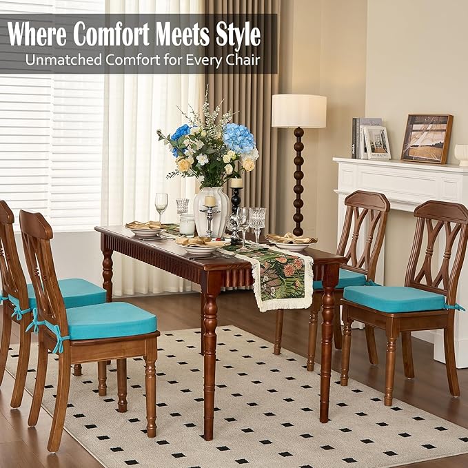 2'' Thick High-Density Foam Indoor Chair Cushions | Dining Chair Pads with Ties, Removable Washable Cover, Kitchen Chair Cushions 17"x16",Turquoise 4 Pack
