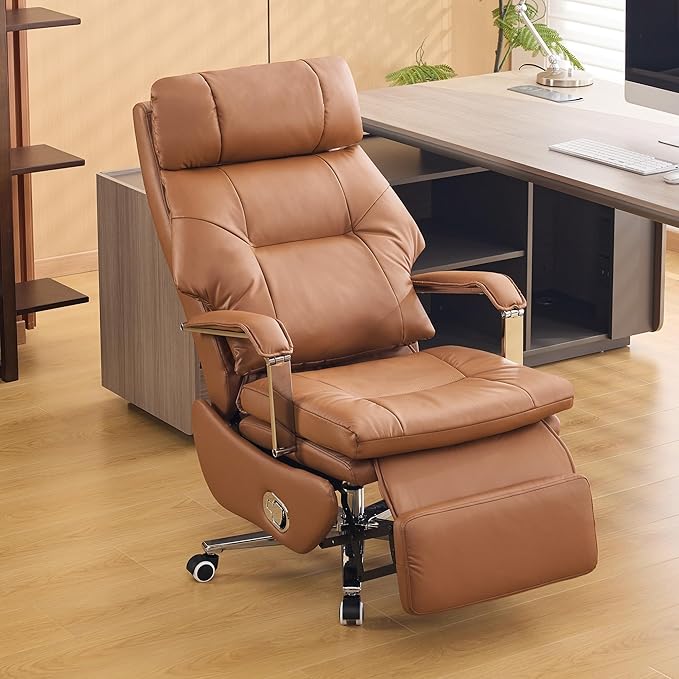 Big and Tall Executive Office Chairs with Footrest, Ergonomic 360° Swivel Desk Chair High Back Recliner, Manual 150° Reclining Computer Gaming Chair with Wheels for Home Office Faux Leather, Brown