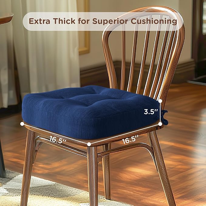 Codi 6 Pack Dining Chair Cushions, Thick Chairs Pads for Indoor Kitchen Room - Washable, Non-Slip Memory Foam Seat Cushion with Ties, 16.5"x16.5"x 3.5", Set of 6, Navy New