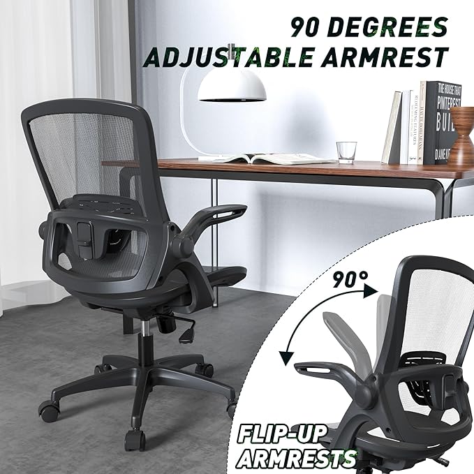 Mesh Seat Home Office Desk Computer Chair, Black, Height Adjustable Back Support with Flip Up Arms, Swivel Wheels for Adult