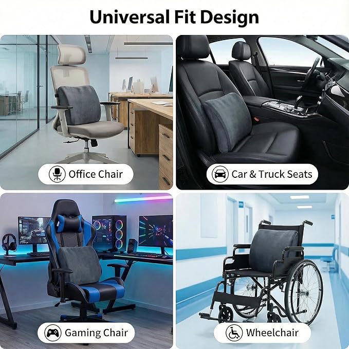 Poshetion Lumbar Support Pillow for Office Chair & Car – Memory Foam Back Cushion with Adjustable Straps & Breathable Mesh Cover（Deep Grey）