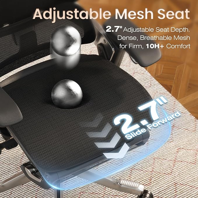 GABRYLLY Ergonomic Office Chair, Home Mesh Desk Chair with Sync Lumbar Support & Sliding Seat, 4D Arm, 150° Recline, Adjustable Back,Big & Tall Computer Chair-Footrest,Aluminum Base, Black, FLOW550