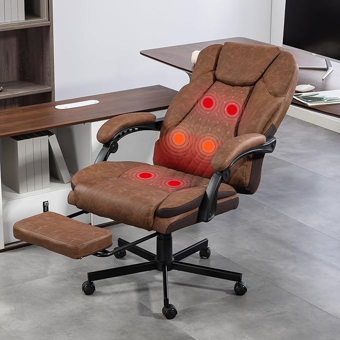 Massage Office Chair with Foot Rest, 6 Points Vibration Heating Executive Chairs Ergonomic Home Office Desk Chair with Reclining Backrest, Adjustable Arms and Lumbar Support, PU Leather, Brown