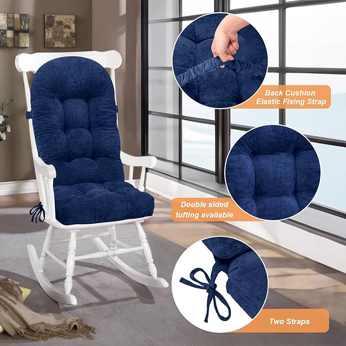 Rocking Chair Cushion - Chenille Fabric, High-Density Sponge, Durable Comfort Double-Sided Tufted Seat Pads with Ties, Chenille︱Cobalt Blue, 44x19x4 inch
