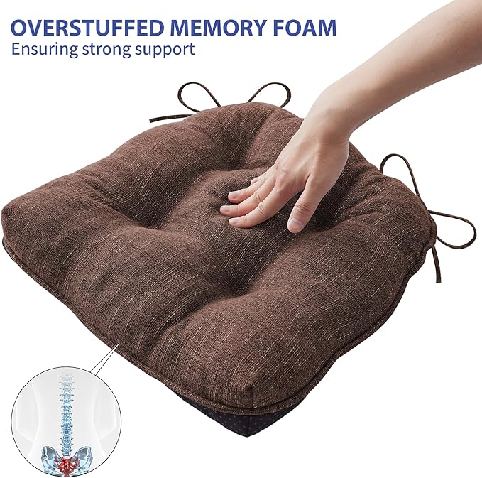 IPYNBAP Chair Cushions for Dining Chairs Set of 2, Kitchen Chair Cushions, Chair Pads with Ties and Non Slip Backing, Tufted Memory Foam Seat Cushion 2 Pack, 15.5" x 15.5" x 4", Brown