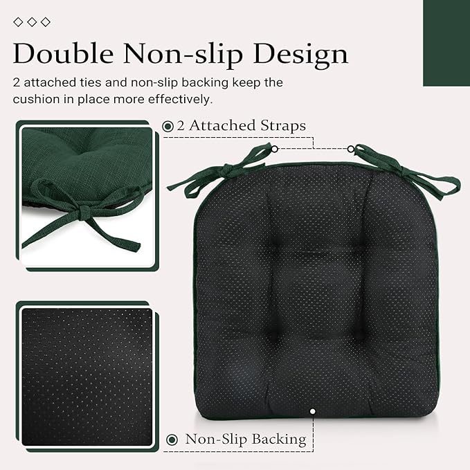 Wellsin Chair Cushions for Dining Chairs, Non-Slip Kitchen Chair Pads with Ties, Tufted Shredded Foam Kitchen Chair Cushions Set of 2, 15.5" X 15.5", Dark Green