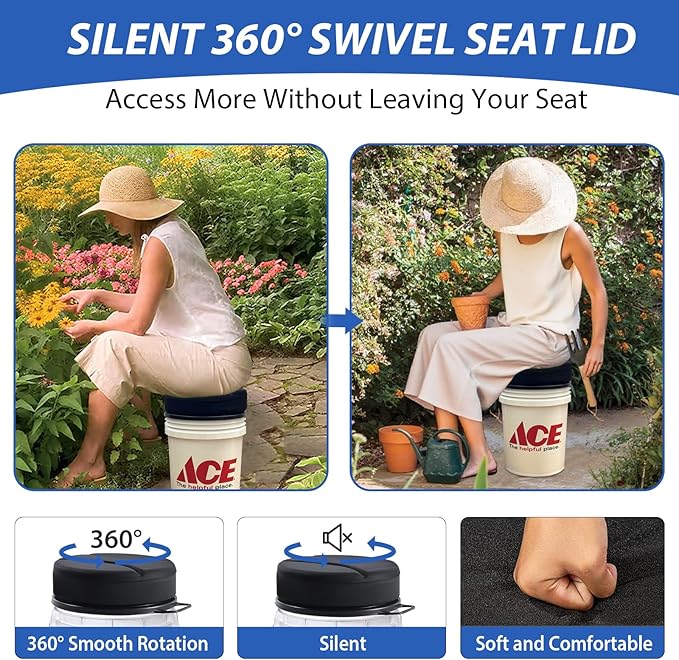 5 Gallon Bucket Seat with 3" Thick Seat Foam Cushion, 360°Swivel Bucket Lid Seat, Waterproof & Silent Bucket Seats for Dove Duck Hunting, Ice Fishing, Baseball, Camping
