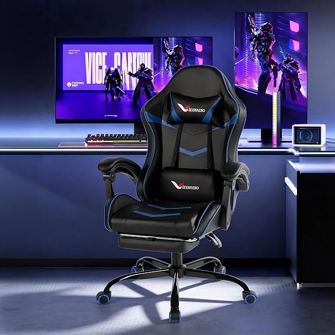 Gaming Chair for Adults, Ergonomic Gamer Chair with Footrest, Spring Pocket Cushion, Computer Office Desk Reclining Chair with Enlarged Metal Base, Linkage Armrests, Lumbar & Headrest (Blue)