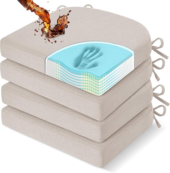 downluxe Chair Cushions for Dining Chairs, Memory Foam Linen Kitchen Chair Pads with Ties, Waterproof, Stain-Resistant and Washable Cover, 17" x 16" x 2.5", Beige, 4 Pack