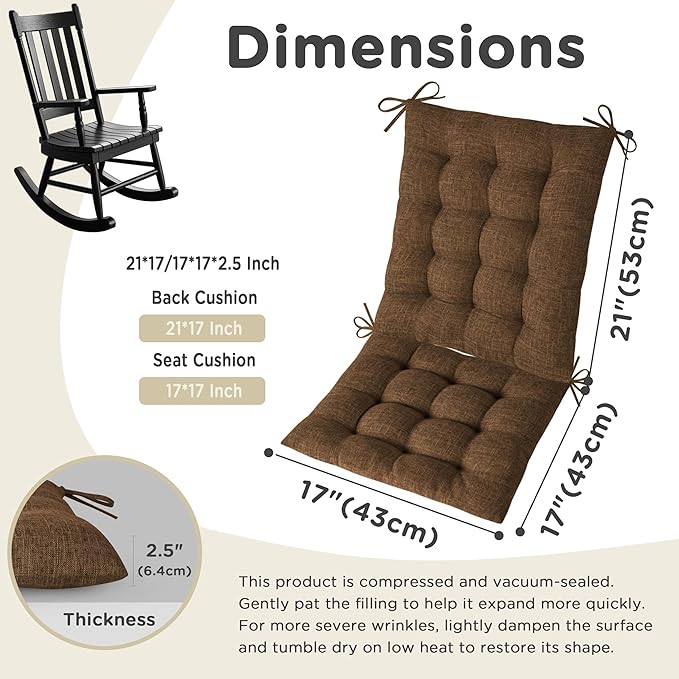 AddGrace Rocking Chair Cushions Indoor Tufted Cushions for Rocking Chairs with Ties Comfortable Textured Fabric Set of Seat & Back Cushion 21x17/17x17 (Brown)