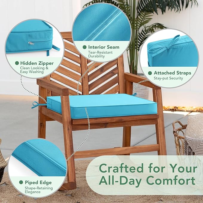 Outdoor Chair Cushions Set of 2: Waterproof & Fade Resistant Seat Cushion for Patio Furniture - 18.5 x 16 x 2 Inch Chair Pads with Ties and Hidden Zipper - Patio Chair Cushion Replacement, Teal