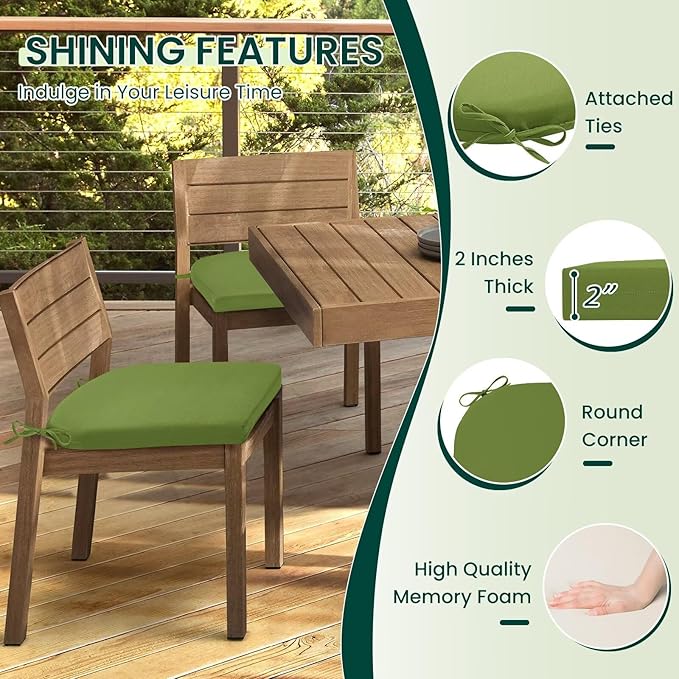 HARBOREST Outdoor Chair Cushions Set of 4, Water Resistant Patio Chair Cushions with Ties, Outdoor Seat Cushions for Patio Furniture, 17"x16"x2", Grass Green