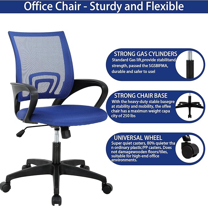 Mesh Office Chair with Adjustable Lumbar - Ergonomic Desk Chair, High-Density Foam Seat & Fixed Armrests, Durable 5-Star Base, PVC Base, Blue