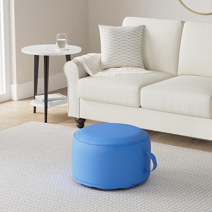 QILLOWAY Inflatable Outdoor Ottoman for Patio, Waterproof Round Pouf, Inflatable Foot Rest, Outdoor Footstool for Poolside, Garden，Camping,Marine Blue