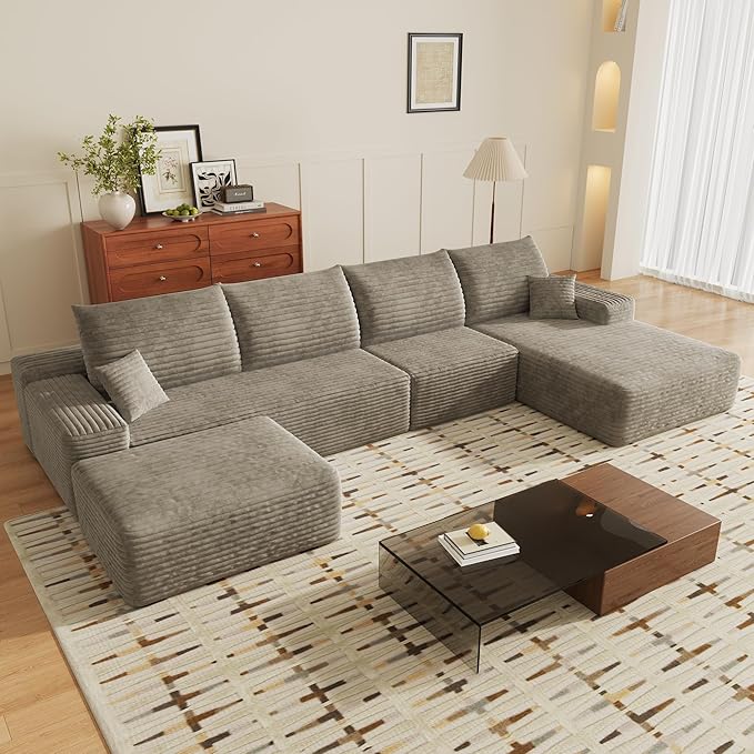 135" U Shaped Boneless Couch with Ottoman, Convertible Sleeper Compression Sofa, Corduroy Couch Sectional for Living Room Bedroom, Deep Seat Foam Cloud Sofas No Assembly, Right Facing Chaise, Camel