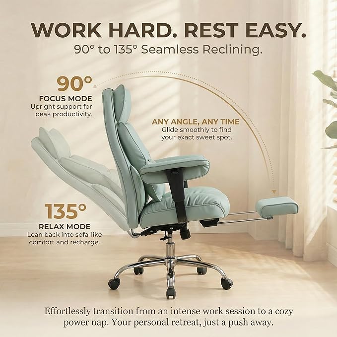 Efomao Big and Tall Office Chair 400lbs - Heavy Duty Reclining Desk Chair with Footrest, Spacious High Back PU Leather Executive Chair, Double-Layer Spring Support, Green
