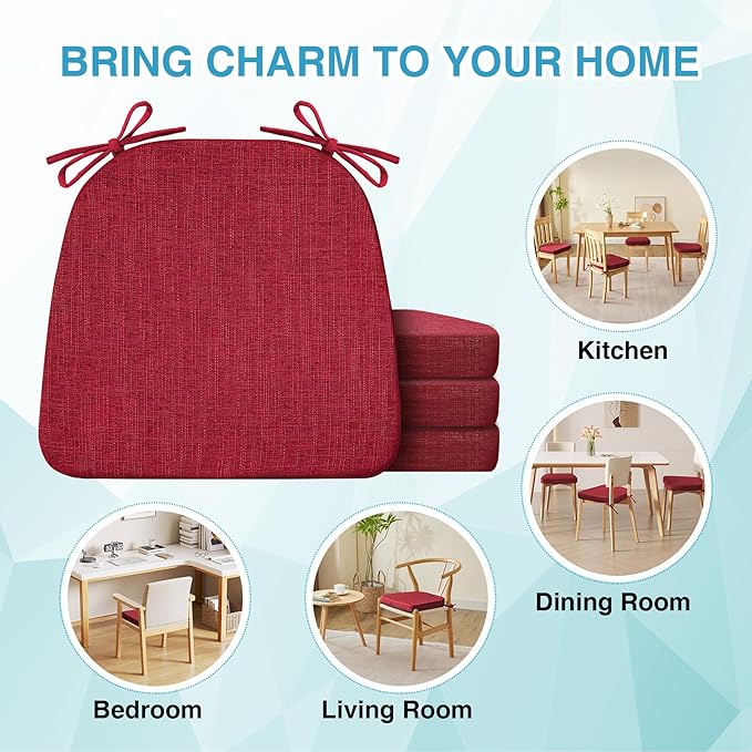 IASEAHK Chair Cushions for Dining Chairs Set of 4, Non Slip Kitchen Chair Pads, 17" x 16" x 2", Indoor Dining Chair Cushions with Ties, D-Shaped Seat Cushions for Kitchen Chairs, Red