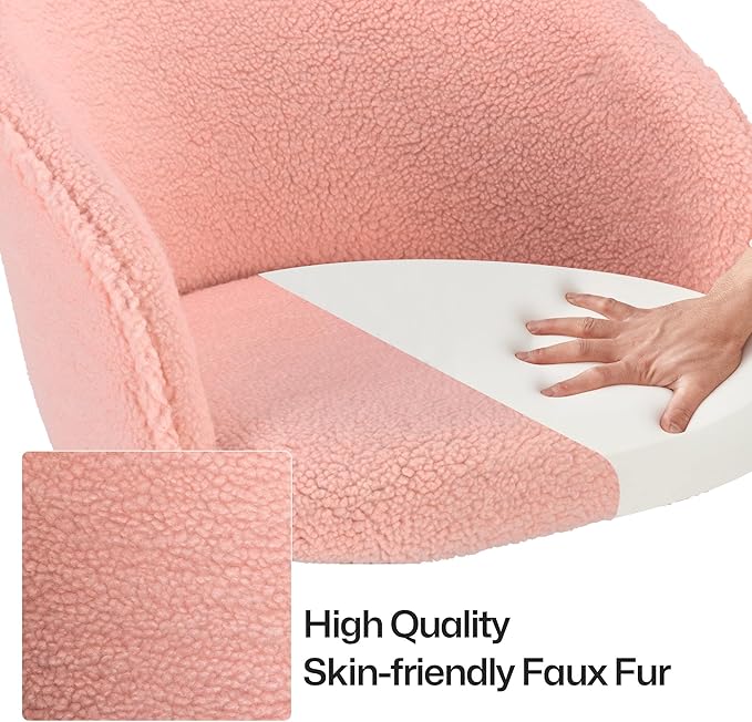 KCC Faux Fur Office Desk Chair, Comfy Fluffy Swivel Modern Leisure Armchair with Wheels, Upholstered Comfy Fuzzy Vanity Makeup Chair Height Adjustable for Teens Women Girls Elegant Home Office(Pink)