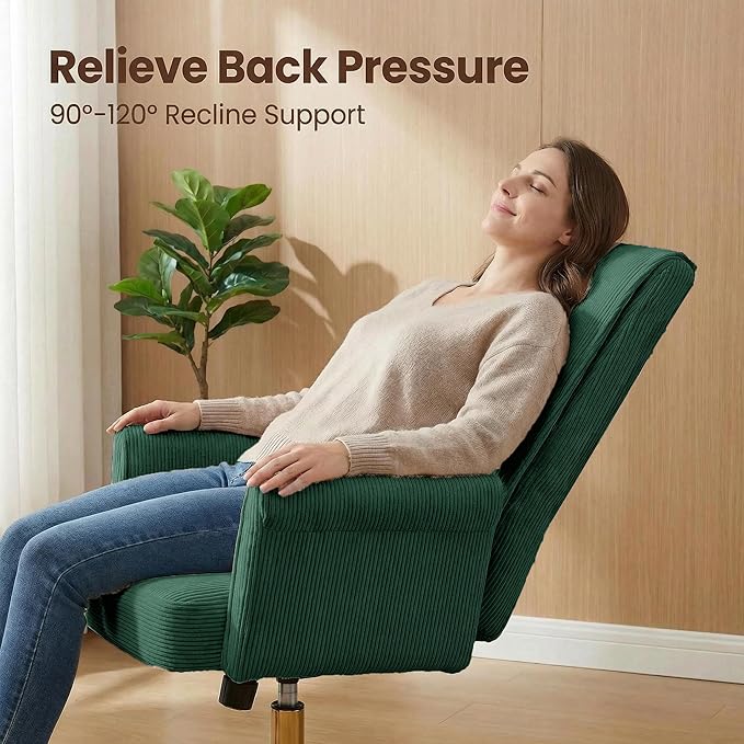 Striped Velvet Office Chair, 360° Swivel Ergonomic Task Chair with High Back, Gold Base and Wheels, Height Adjustable Modern Accent Chair for Home Office, Living Room, Study, Vanity Room (Green)
