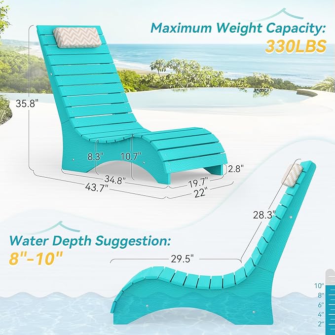 HDPS Pool Lounge Chairs Set of 2, Use in Pools Lounge Chairs up to 10-Inches of Water, Chaise Chairs with Headrest, Lounge Chair Outdoor, Fade-Resistant Pool Lounger for Deck