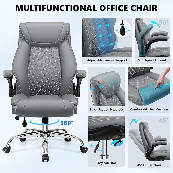Office Chair, Big and Tall Ergonomic Desk Chair, Executive Leather Computer Chair with Adjustable Lumbar Support, Comfy Gaming Chair with Flip Up Arms, Swivel PC Chair with Rocking Function, Gray