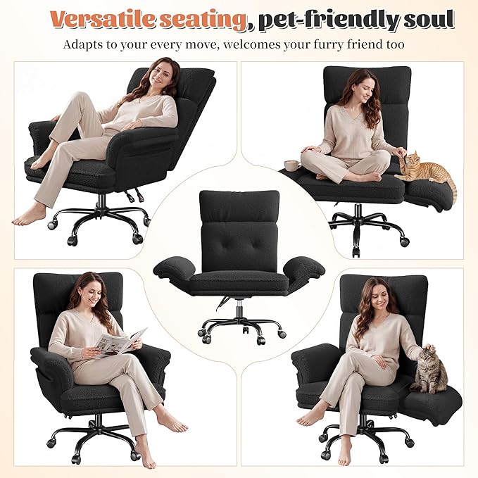 DurayLoly Criss Cross Chair with Wheels and Arms,Teddy Plush Vanity Chair with Side Pockets， Adjustable Home Office Desk Chairs，Computer Chair for Home, Makeup and Office Use,Black