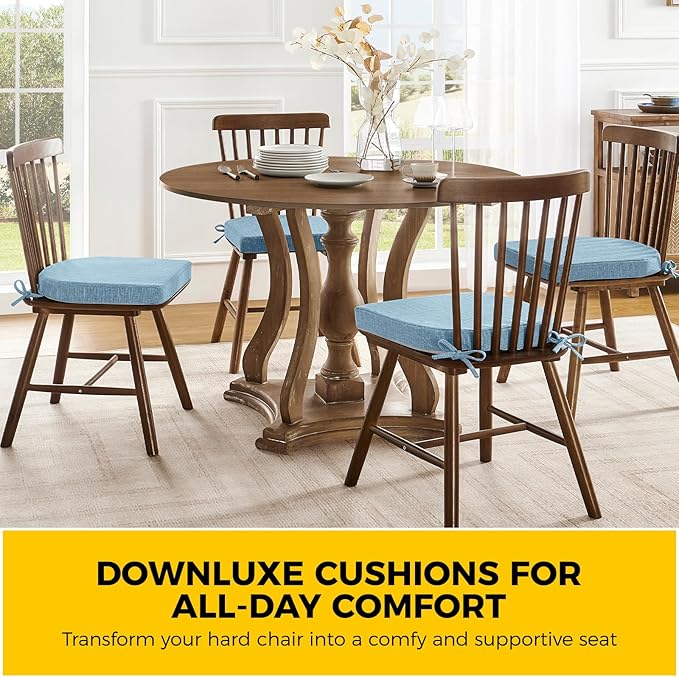 downluxe Indoor Chair Cushions for Dining Chairs, Soft and Comfortable Textured Foam Kitchen Chair Pads with Ties and Non-Slip Backing, 16" x 16" x 2", Light Blue, 2 Pack