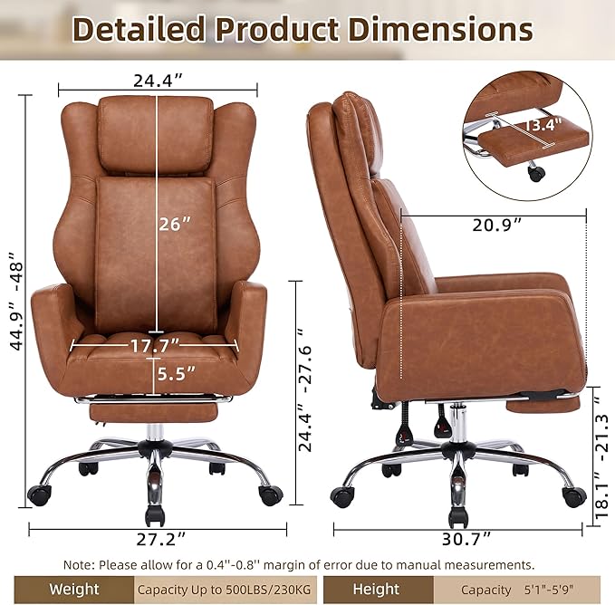 DYHOME Criss Cross Office Chair with Footrest, Executive Office Chair Ergonomic Flip-Up Armrest Office Chairs, Adjustable Reclining Computer Desk Chair for Working, Gaming, Relaxing,Brown Leather