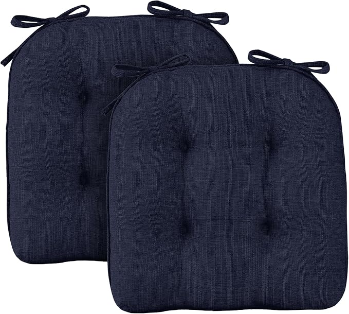 Wellsin Chair Cushions for Dining Chairs, Non-Slip Kitchen Chair Pads with Ties, Tufted Shredded Foam Kitchen Chair Cushions Set of 2, 15.5" X 15.5", Navy