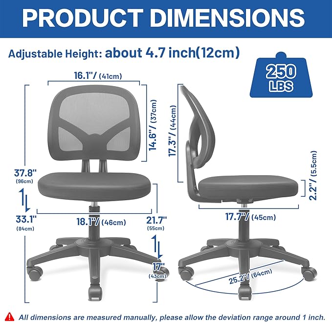 Armless Swivel Mesh Computer Office Desk Chair No Arms Height Adjustable with Lumber Support for Child and Adult