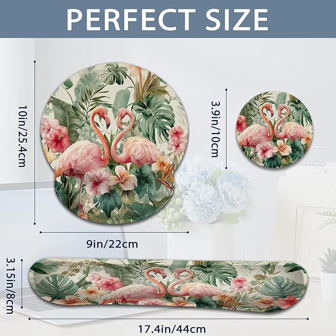 Flamingos Ergonomic Memory Foam Wrist Rest Set for Keyboard and Mouse,Palm Leaves Hibiscus Flowers Supportive Mouse Pad with Non Slip Base for Office Work and Gaming