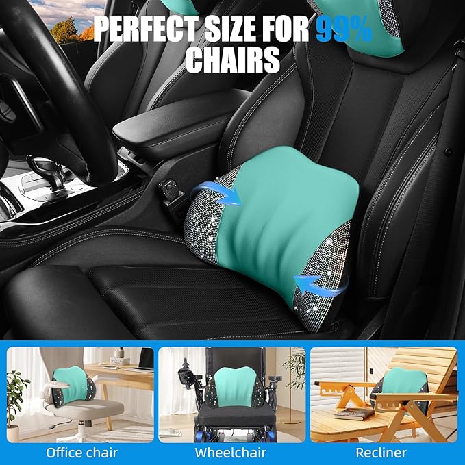 Lumbar Support Pillow with Diamond, Memory Foam Lumbar Pillow for Office Chair for Lower Back Pain Relief, Car Lumbar Support for Driving Seat, Back Support Pillow for car Chair (Green)
