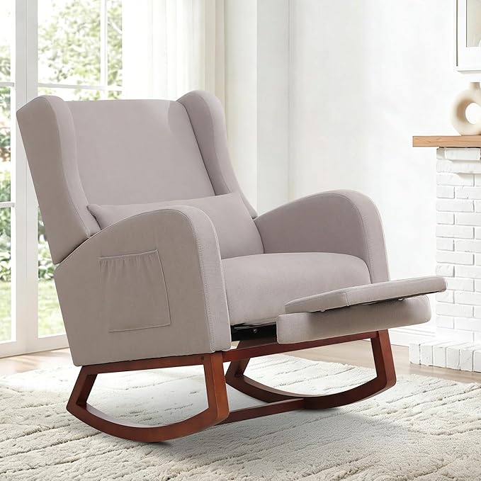 Nursery Rocking Chair，Rocking Chair with Foot Rest,Nursery Rocker Comfy Glider Nursing Chair with Back Pillow for Living Room,Bedroom,Linen Light Grey
