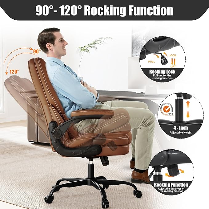 Ergonomic Office Chair with Flip-up Armrests, 300lbs Mid Back Computer Office Desk Chair with Lumbar Support, Executive Leather Chair with Rocking Function Adjustable Height for Home Office