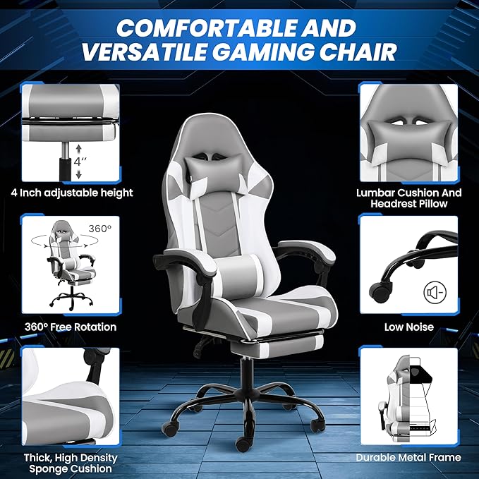 Gaming Chair, Ergonomic Computer Chair with Footrest and Lumbar Support, Height Adjustable Office Chair with 360° Swivel Seat and Headrest
