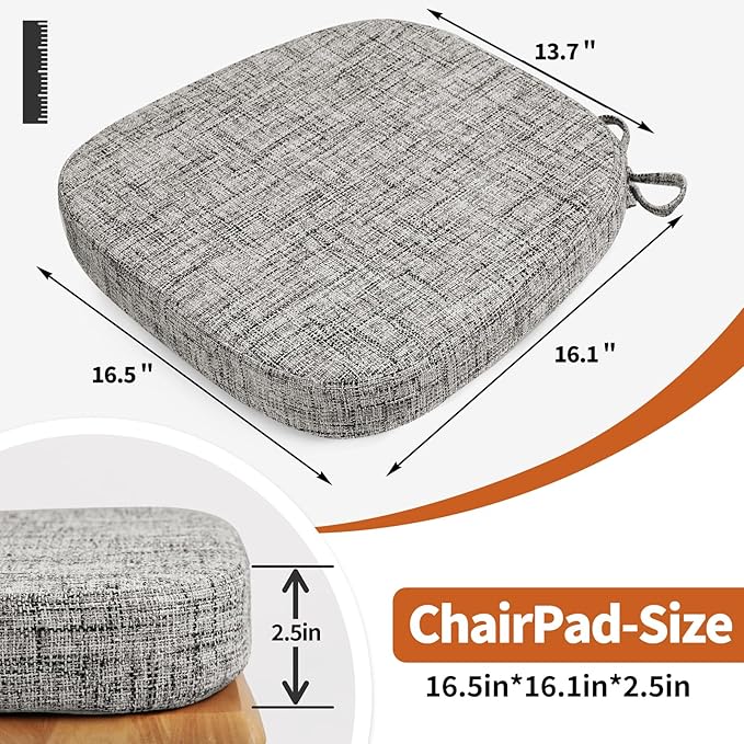 SINOSSO Thickened 2.5" Dining Chair Cushions, Soft Blended High Density Support Foam Kitchen Seat Cushions with Ties, U-Shaped Non-Slip Indoor Chair Pads, 16.5" x 16", 4 PCS, White-Gray