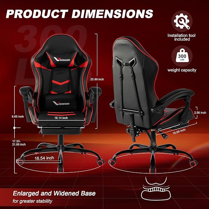 Gaming Chair for Adults, Ergonomic Gamer Chair with Footrest, Spring Pocket Cushion, Computer Office Desk Reclining Chair with Enlarged Metal Base, Linkage Armrests, Lumbar & Headrest (Red)