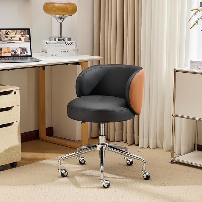 VINGLI Cute Small Swivel Desk Chair Comfy with Wheels,Ergonomic Low-Back Lumbar Support Vanity Nail Tech Rolling Task Stool Chair for Home Office,Height Adjustable,PU Leather Black&Suede Brown