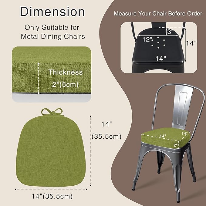 OVOV 14x14 Chair Cushions for Metal Dining Chairs Set of 2 Non Slip Thick Textured Chair Pads for Dining Chairs with Ties and Removable Cover (2, Green)