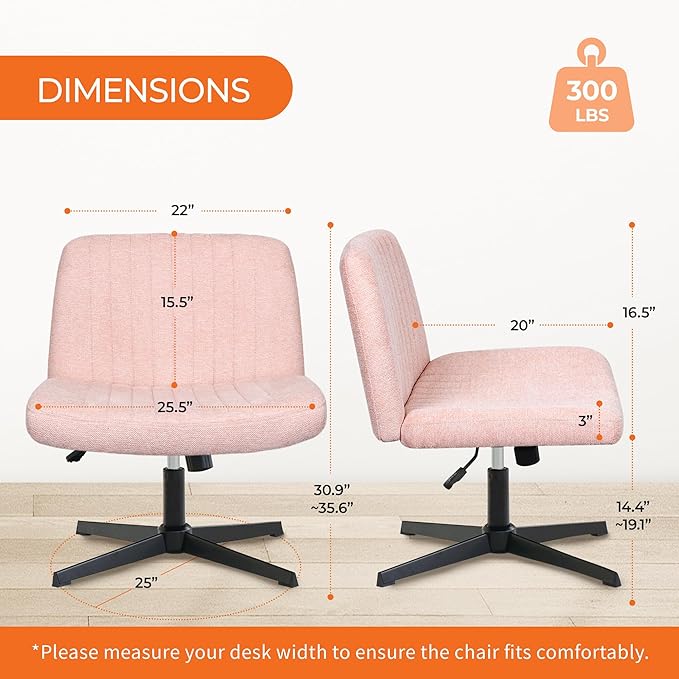 NEO CHAIR Criss Cross Chair No Wheels Armless Cross Legged Office Desk Wide Comfy Vanity Makeup Chair Adjustable Computer Task for Home Office Fabric (Pink)
