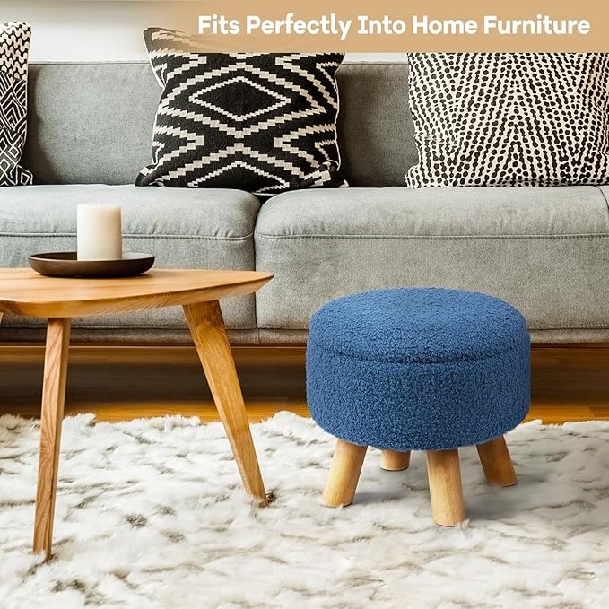 OGEMXU Ottoman Foot Rest, Small Round Ottoman with Storage, Boucle Teddy Velvet Footstool with Wood Legs, Soft Sponge Storage Ottoman for Living Room, Bedroom, Couch, Enterway (Dark Blue)