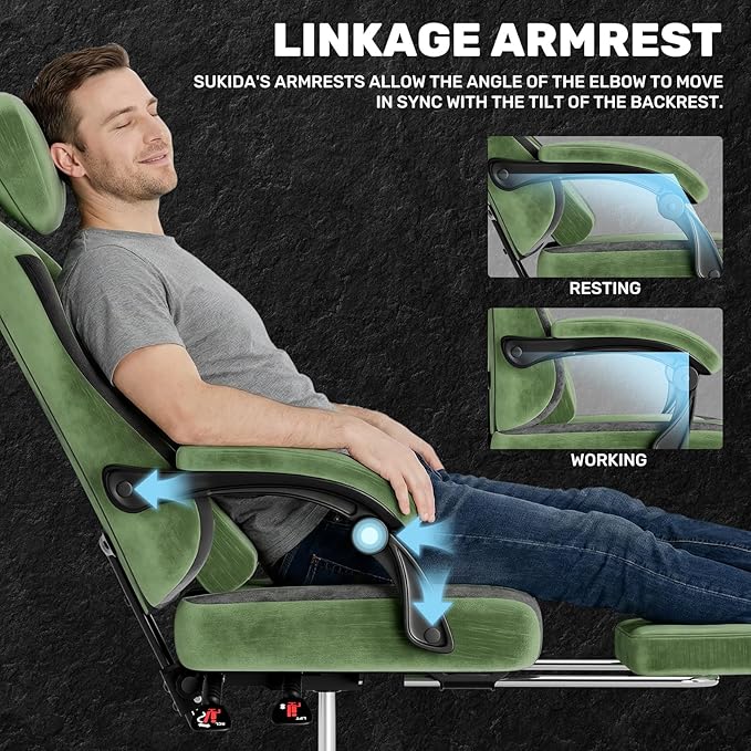 SUKIDA Fabric Video Gaming Chair, Ergonomic High-Back Computer Game Chairs with Large Massage Adjustable Lumbar Support, Headrest and Linked Armrests for Long Hours Sitting Task Chair, Green