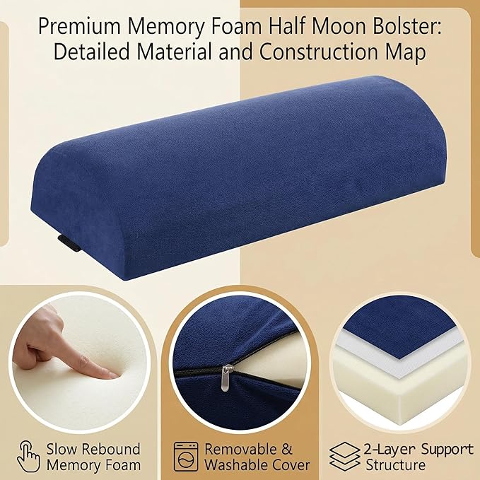 Under Knee Pillow, Half Moon Leg Pillow - Memory Foam Ergonomic Support Pillow for Side & Back Sleepers, Pain Relief & Alignment, Under Knee, Lumbar & Multi-Use Bolster Blue