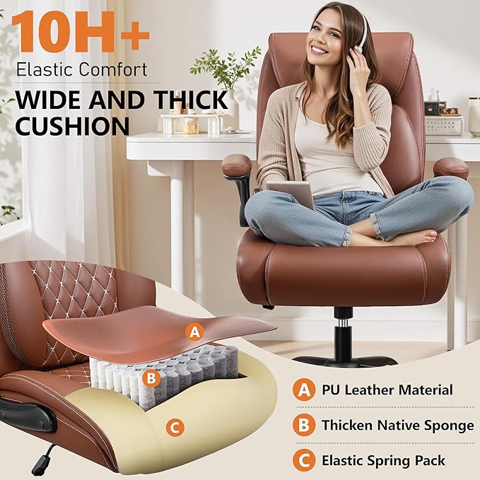 BESTFAIR Office Chair, Ergonomic Computer Desk Chairs with Lumbar Support for Lower Back Pain Relief, Executive Leather Home Chair Comfy with Padded Flip-up Armrests, Brown, 6-Pack
