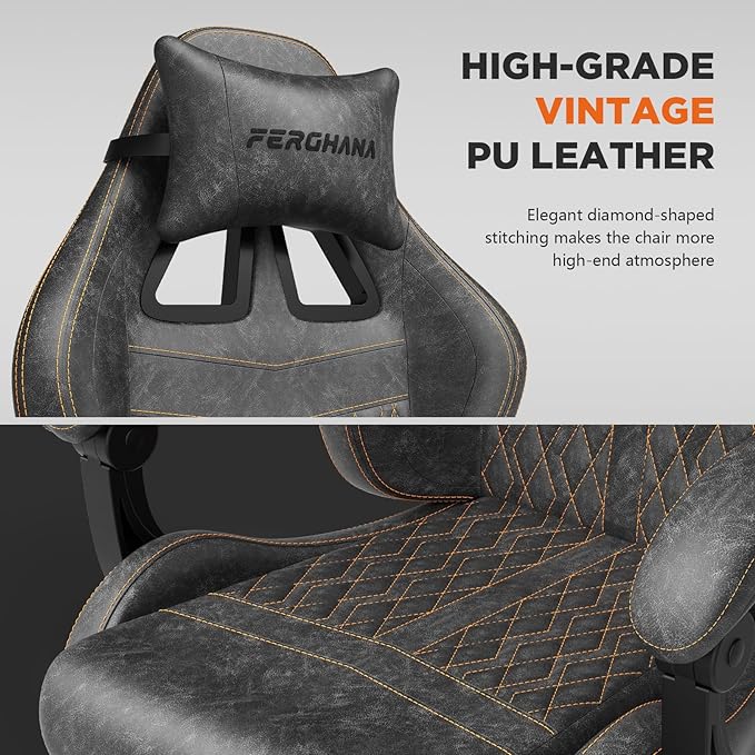 Ferghana Vintage PU Leather Gaming Chair, Ergonomic Gamer Chair with Massage, High Back Computer Office Chair with Footrest for Adults, Racing Style Reclining Video Game Chair (Grey)