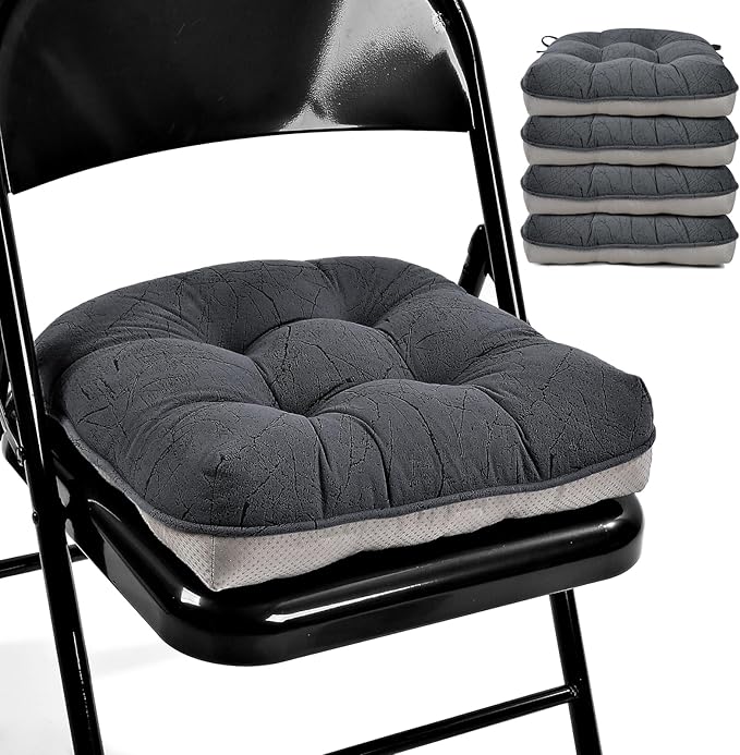 Marble Pattern 3" Chair Cushion for Dining Chair, Filling Bite-Size Memory Foam U-Shaped Seat Cushions for Kitchen Chairs, Non-Slip Indoor Chair Pad with Ties, Set of 4, Grey