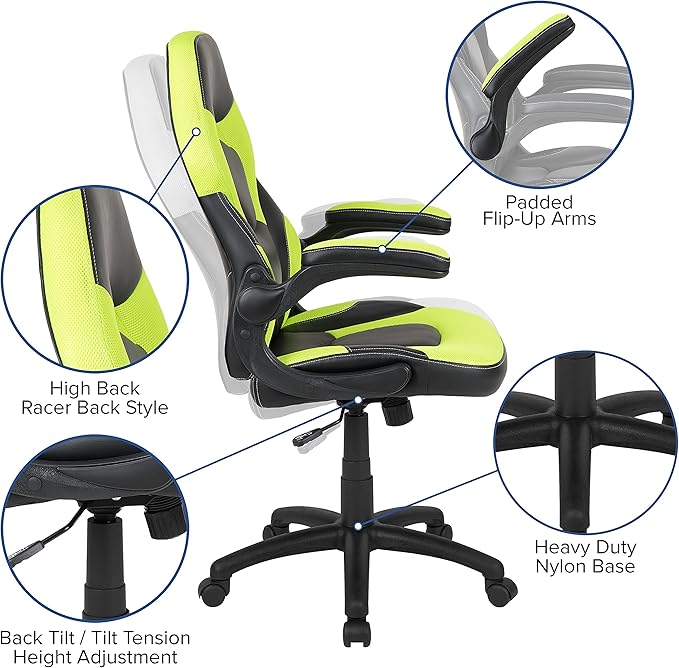 Flash Furniture X10 Gaming Chair Racing Office Ergonomic Computer PC Adjustable Swivel Chair with Flip-up Arms, Neon Green/Black LeatherSoft
