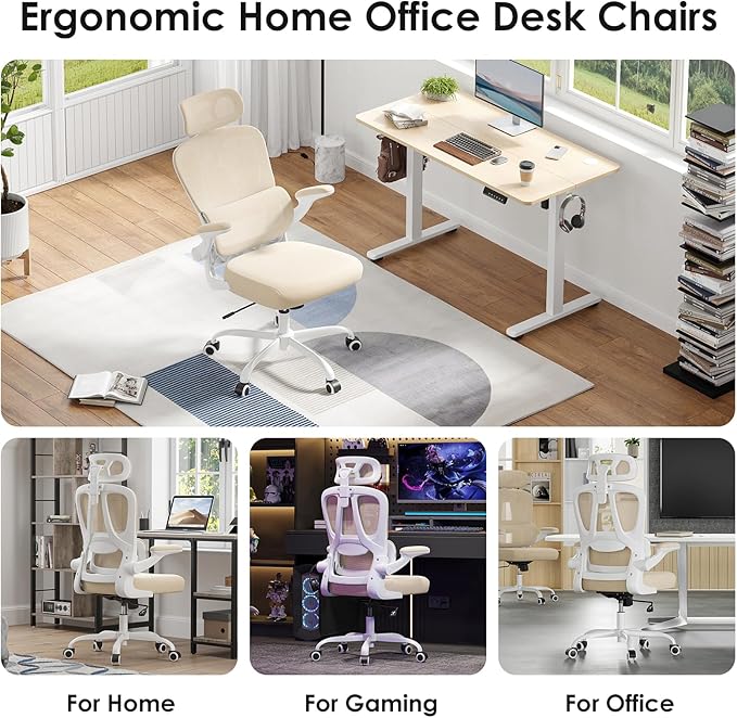 Breathable All-Mesh Ergonomic Chair with Headrest - High Back Desk Chair for Cool, Sweat-Free Work Sessions, Silent Casters Perfect for Bedroom Office (Khaki)