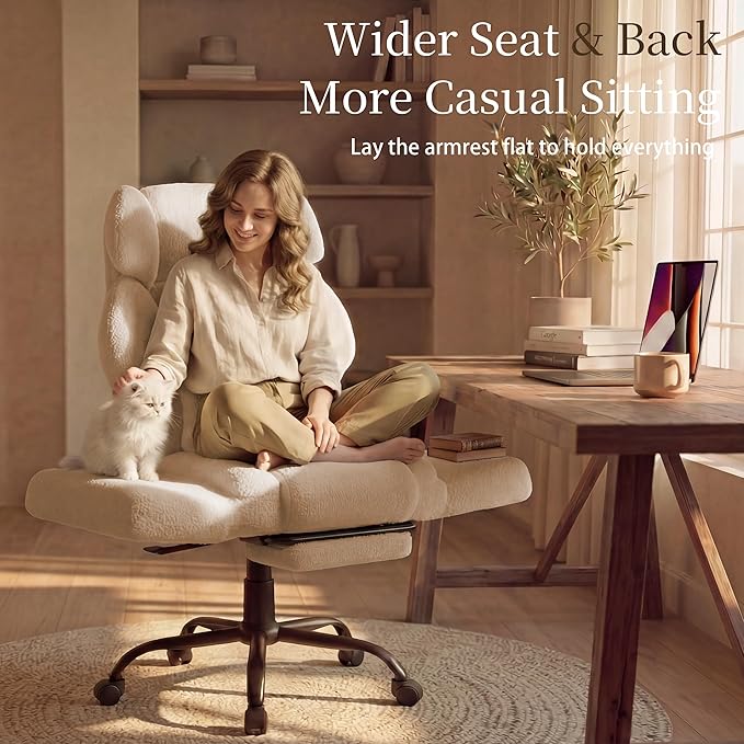 Office Chair with Flip Armrests,Big and Tall Office Chair with Foot Rest,Extra Wide Seat & Lumbar Pillow,Ergonomic Computer Gaming Chair,Comfy Criss Cross Chair for Pets Sitting,Teddy Fleece,Beige