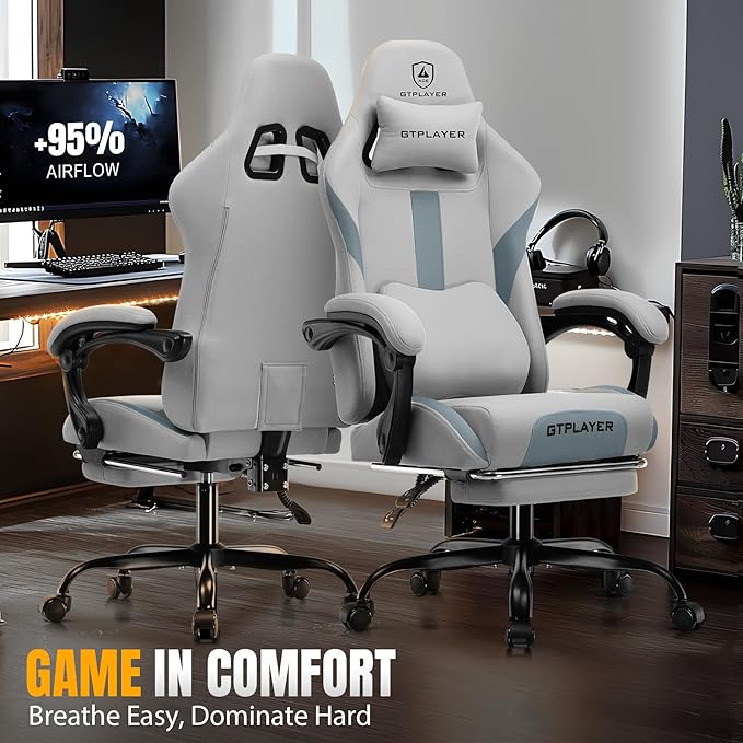 GTPLAYER Gaming Chair with Foot Rest & Pocket Spring Cushion, Ergonomic High Back Computer Desk Chair with Headrest & Lumbar Support for Back Pain Relief, Breathable Fabric, Moon Gray